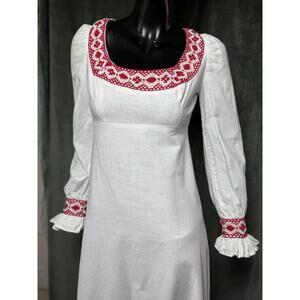 Vintage 60s/70s Joseph Magnin White Linen Long-Sleeve Maxi Dress w/ Red Trim